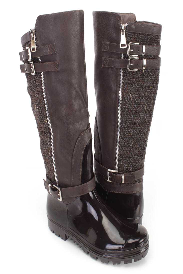 Brown Strappy Rain Boots PVC Faux Leather Tweed