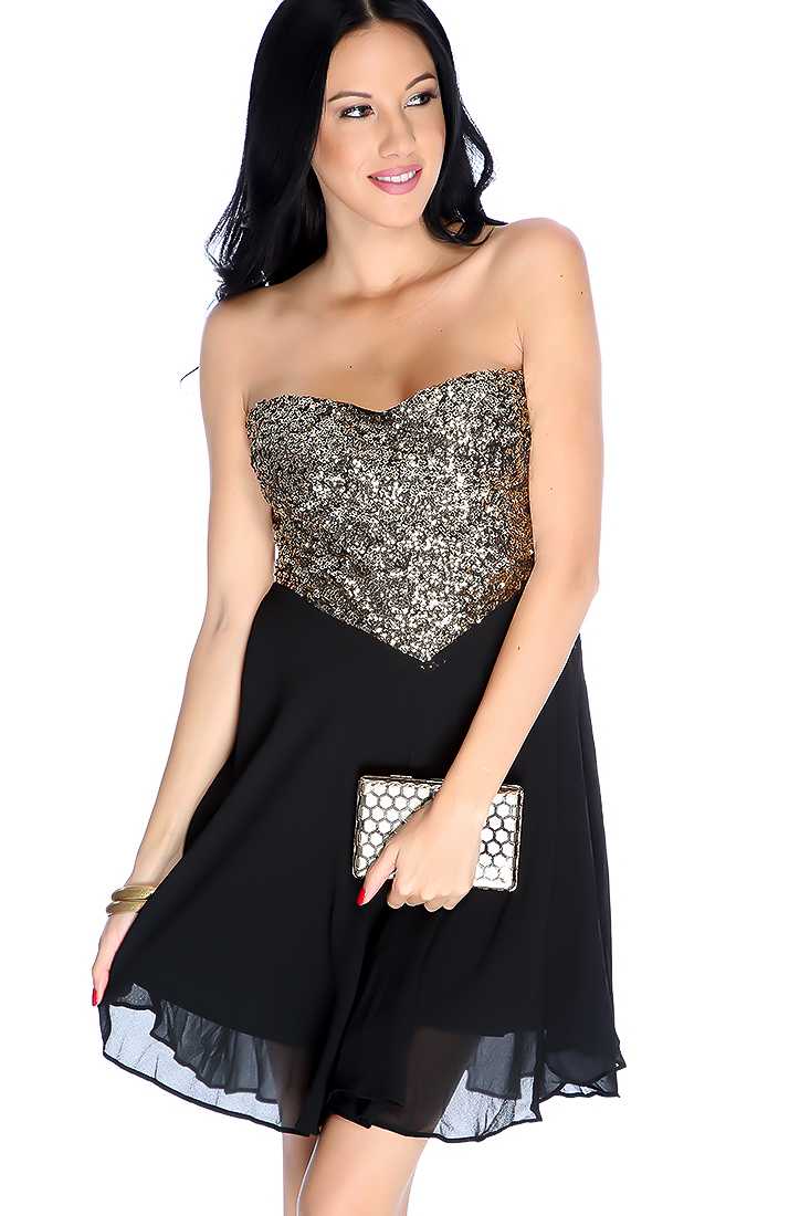 Sexy Black Gold Sequin Detailing Strapless Party Dress