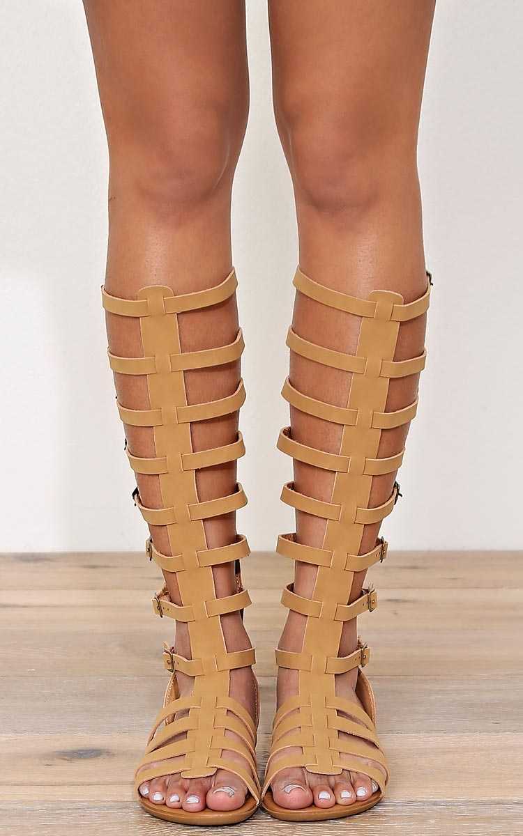 Lolita Buckle Leather Gladiators - Tan in Size 6.5 by Styles For Less