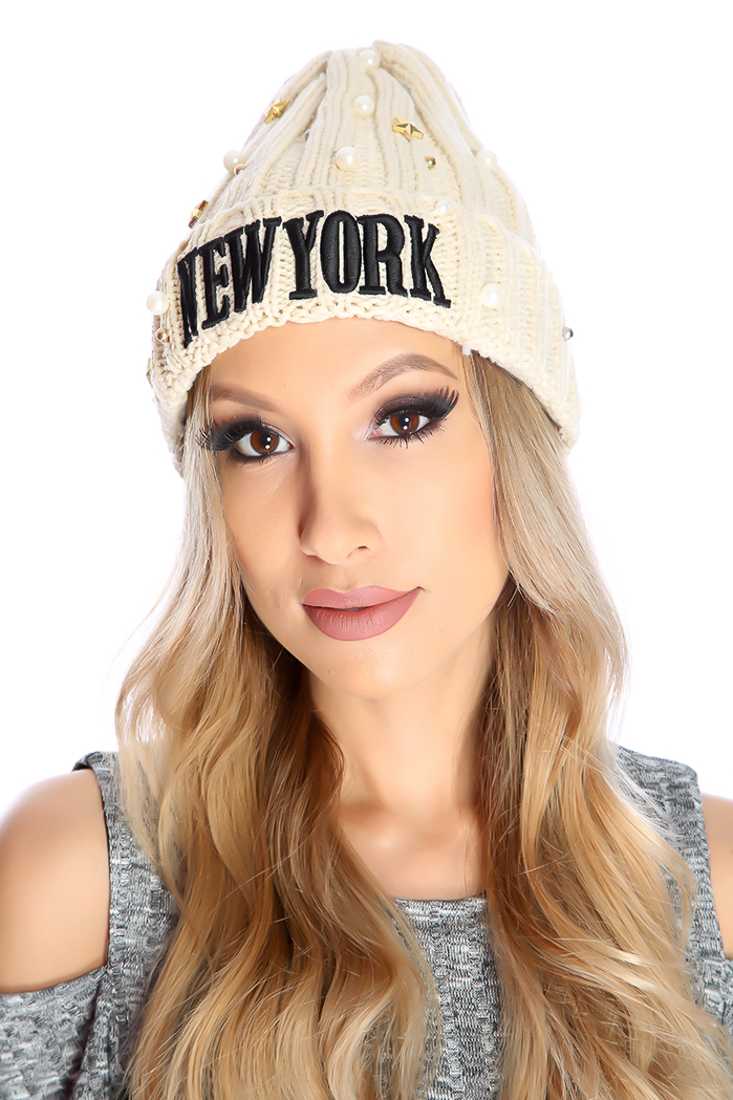 Beige Stitch Wording Beaded Studded Detail Knit Beanie