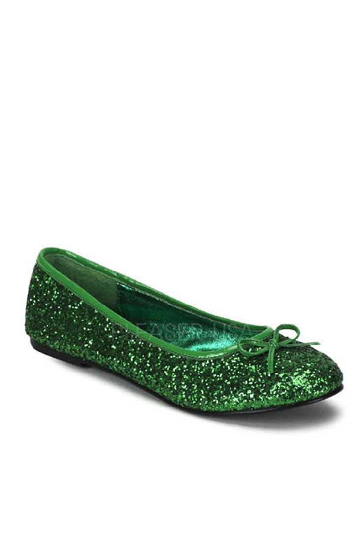 Green Bow Tie Closed Toe Flats Glitter