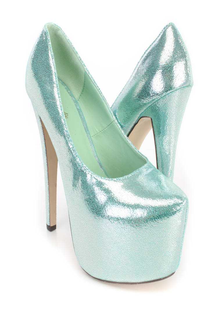 Mint Platform Pump 6 Inch High Heels Shimmer Fabric