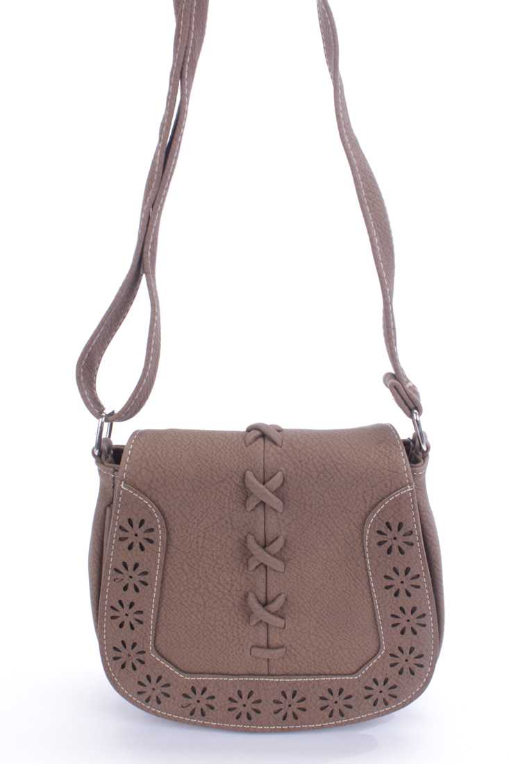 Mocha Perforated Floral Accent Faux Leather Saddle Handbag