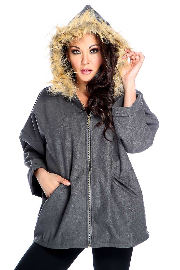 Charcoal Long Sleeve Zip Up Faux Fur Detail Coat