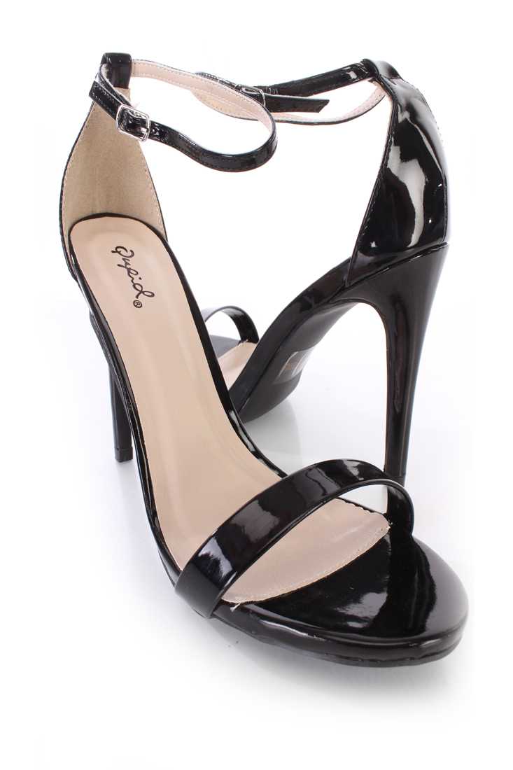 Black Open Toe Ankle Strap Single Soles Patent Faux Leather