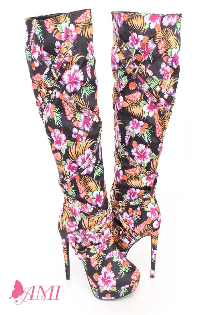 Pink Flower Chevron Studded Strappy High Heel Boots Fabric