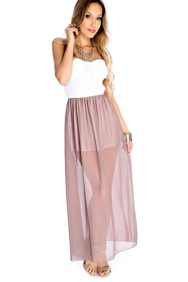 Sexy White Mocha Floral Lace Maxi Party Dress