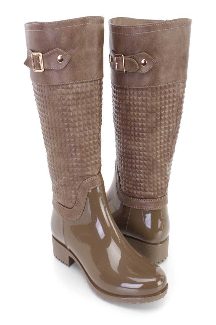Khaki Pyramid Studded Textured Rain Boots Faux Leather