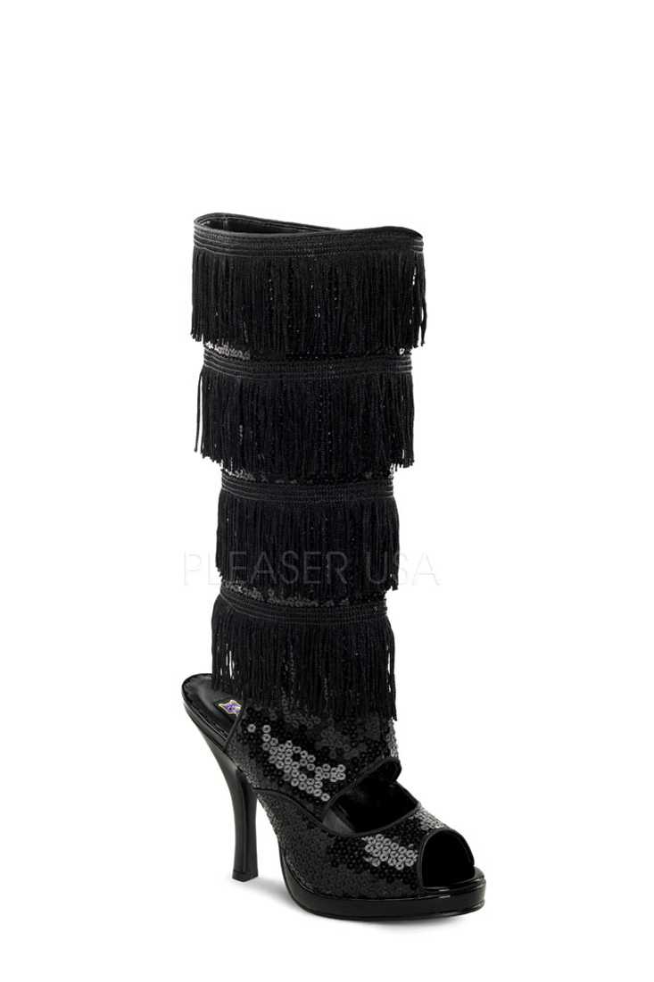 Black Sequin Fringe Cut Out Boots Fabric