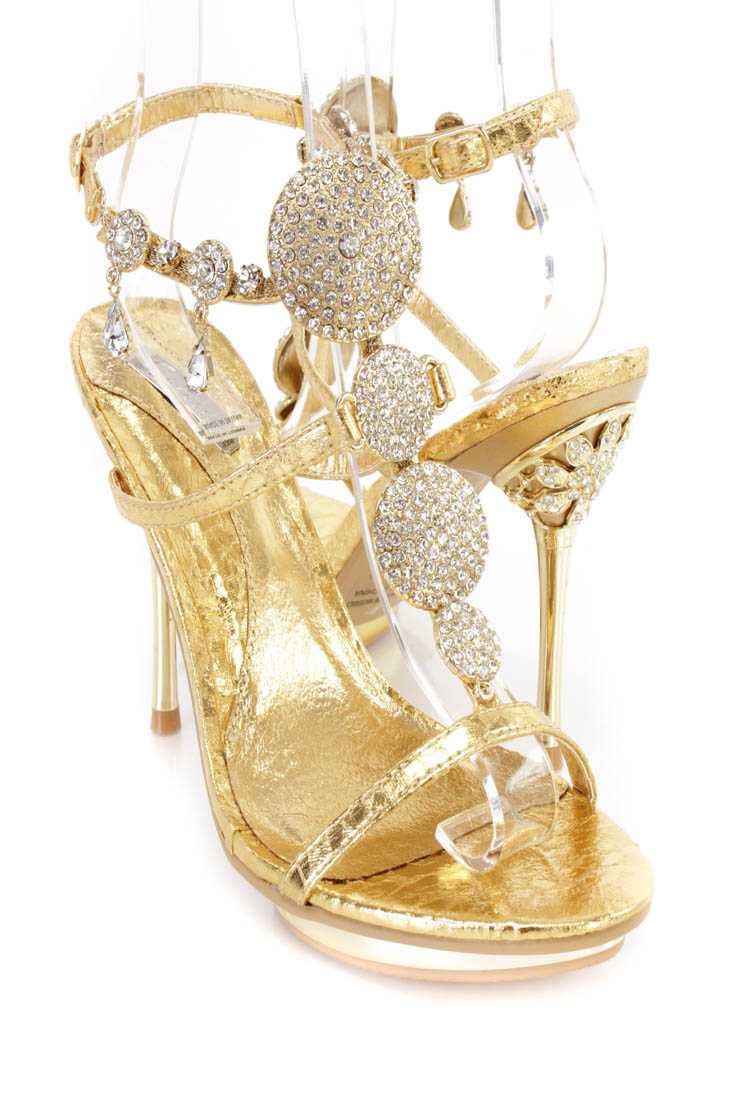 Gold Rhinestone Pendant Strappy Heels Faux Leather