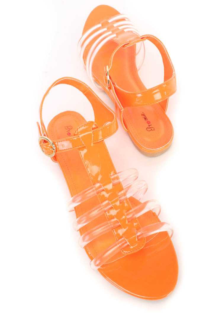 Orange Clear Strappy Jelly Sandals Patent Faux Leather