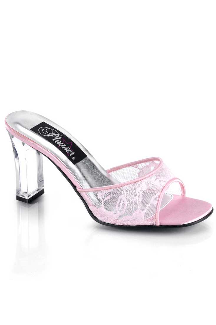 Baby Pink Lace Slip On Square Heel Heel
