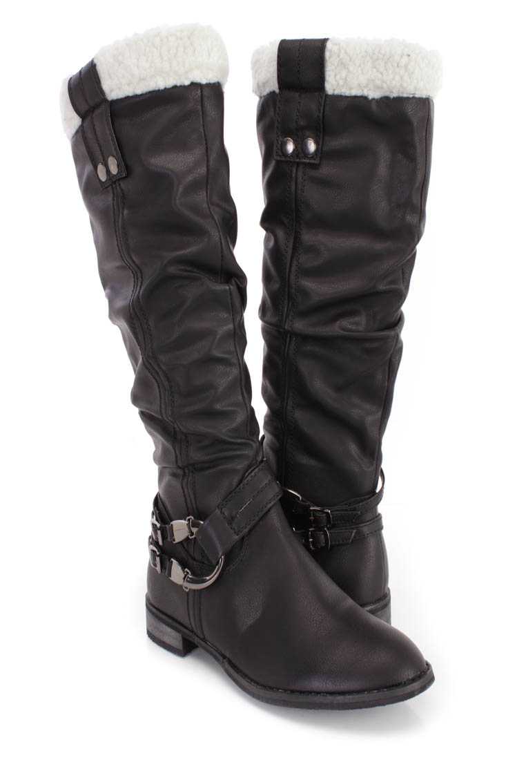 Black Faux Shearing Cuff Slouchy Boots Faux Leather