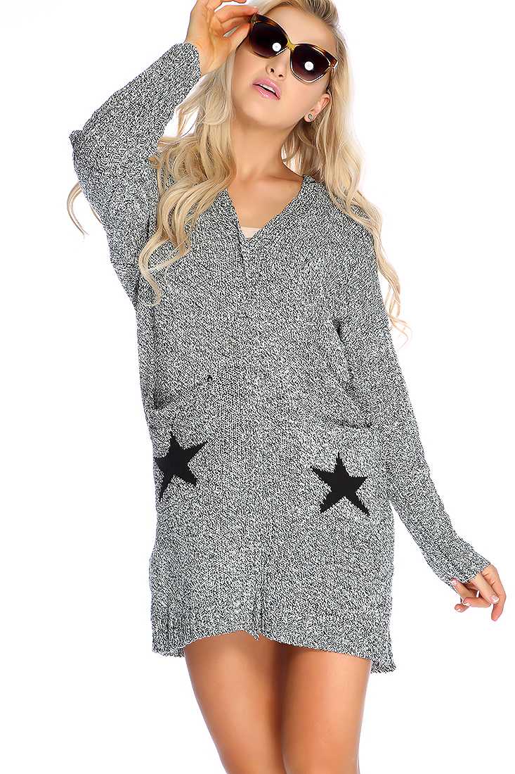 Grey Long Sleeve Star Knit V Neck Oversized Cardigan