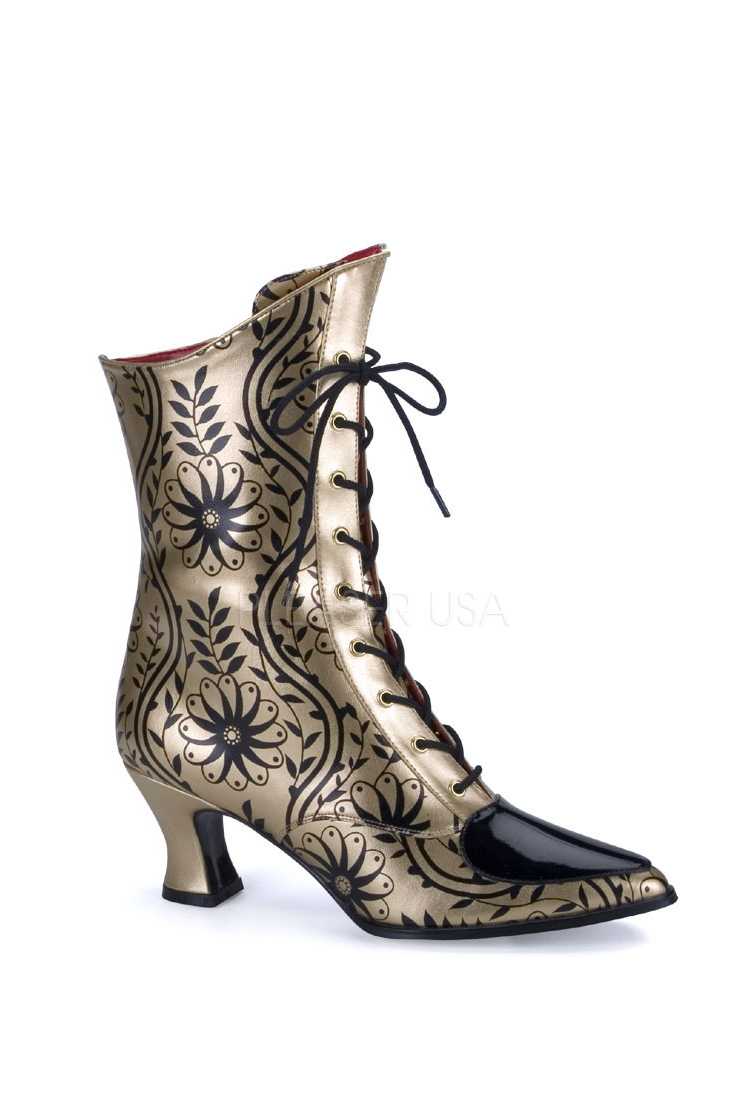 Gold Black Floral Print Victorian Boots Faux Leather