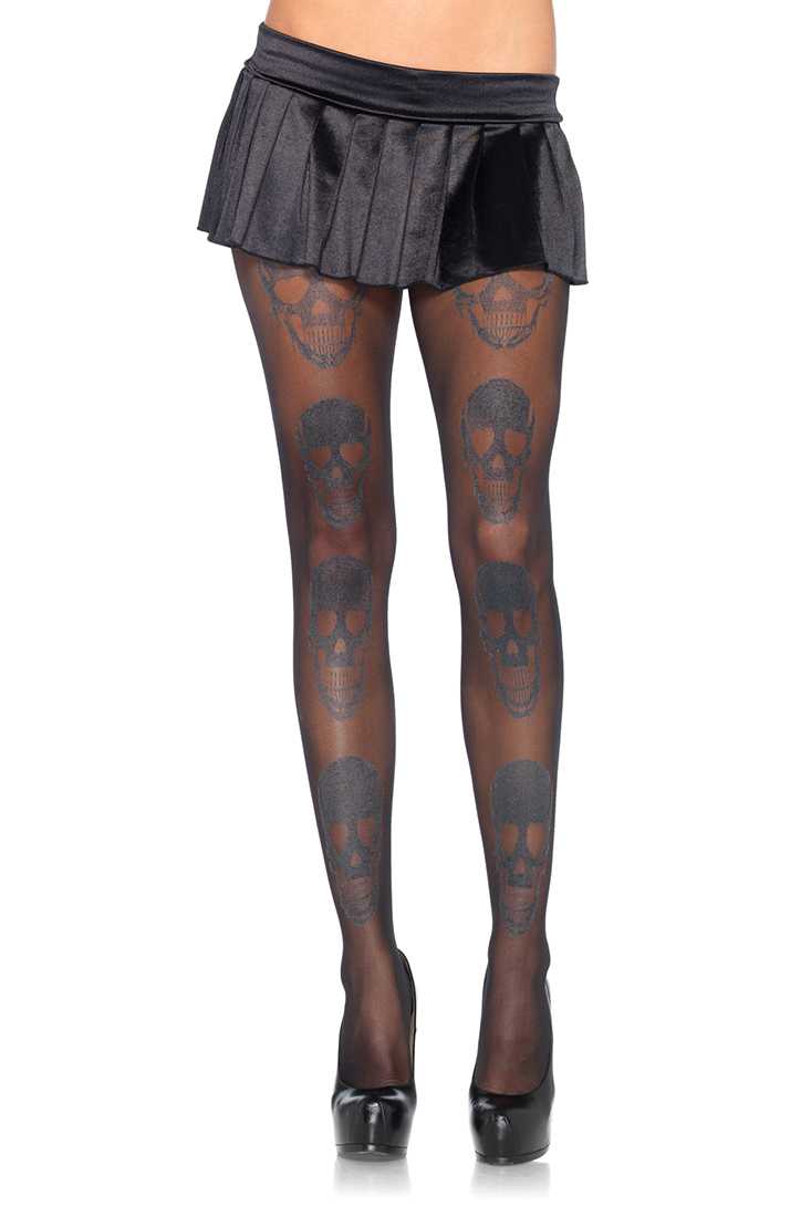 Black Silver Skull Print Pantyhose Hosiery