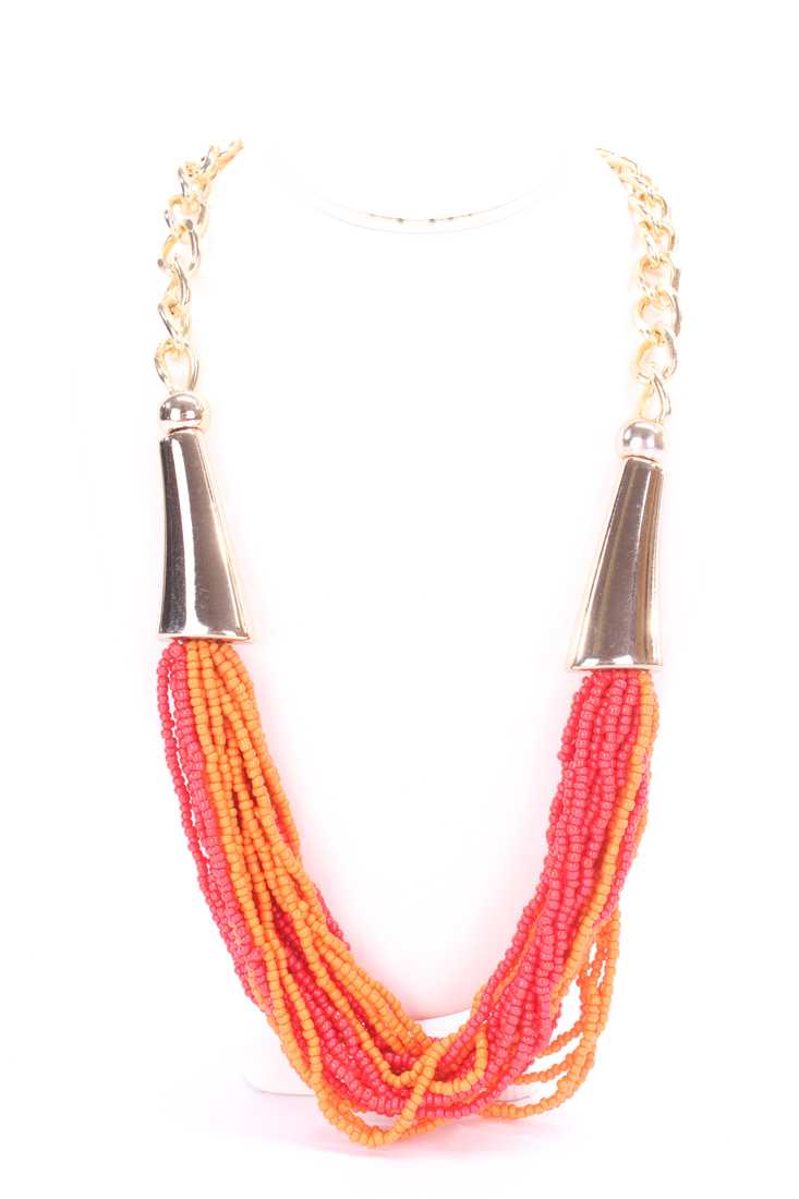 Red Two Toned Beaded Layered Design High Polish Accent Necklace