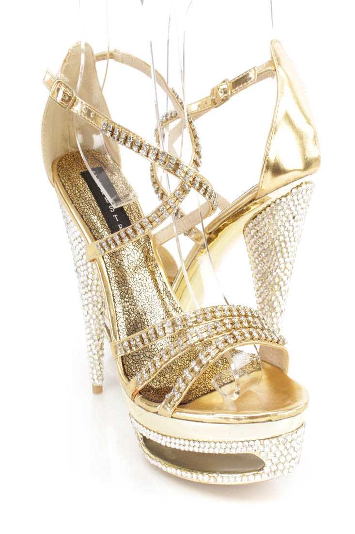 Gold Rhinestone Strappy Platform 6 Inch High Heels Faux Leather