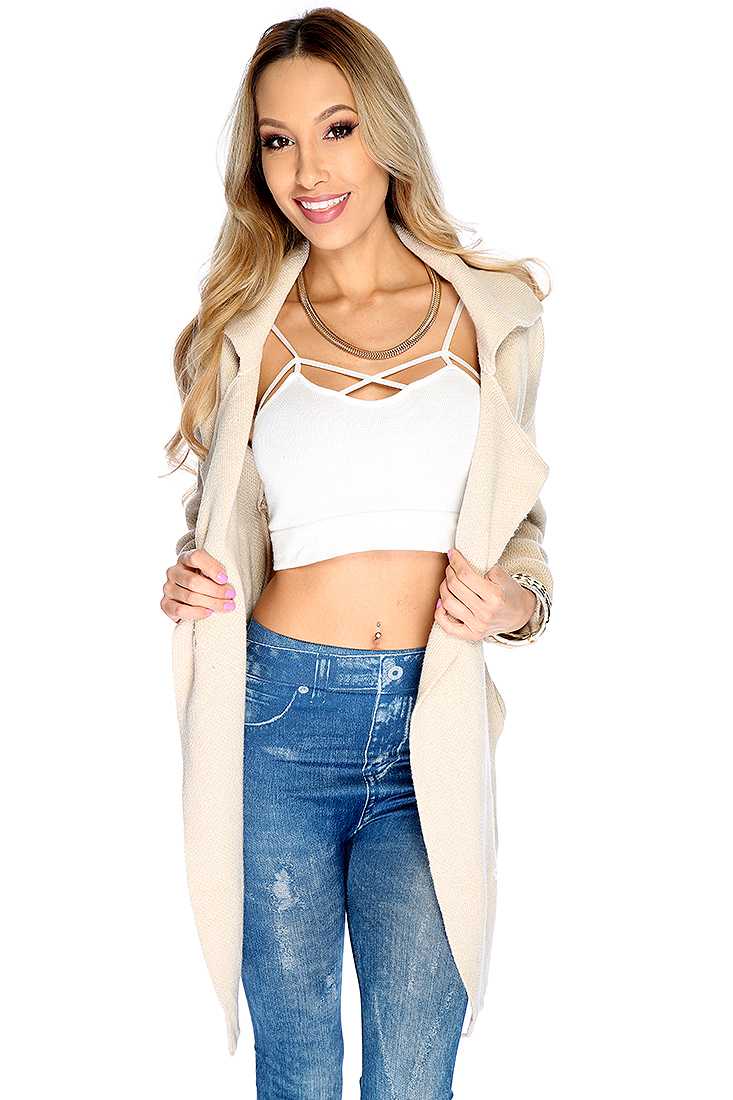 Beige Folded Collar Knitted Coat
