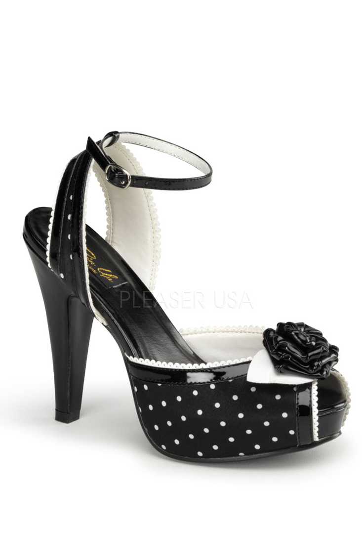 Black Polka Dot Peep Toe Scalloped High Heels Satin