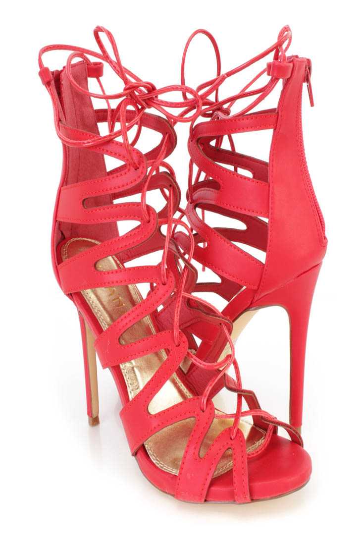 Red String Tie Lace Up Single Sole High Heels Faux Leather
