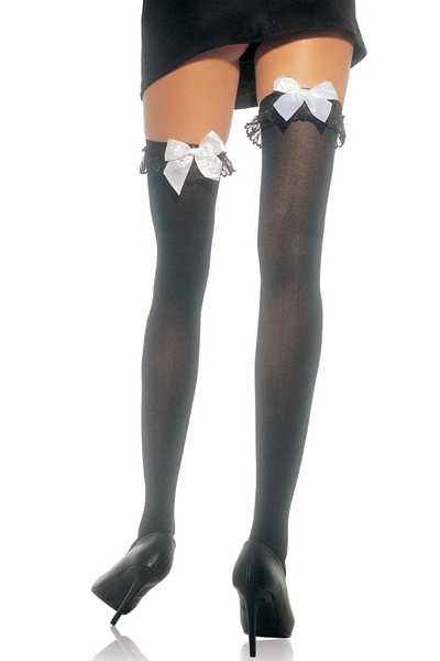 Black White Satin Bow Back Accent Thigh High Hosiery