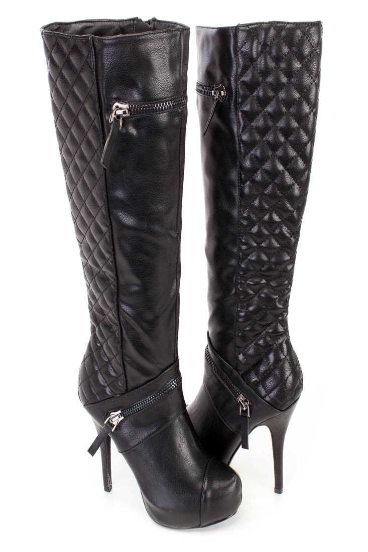 Black Stitched Quilted High Heel Boots Faux Leather
