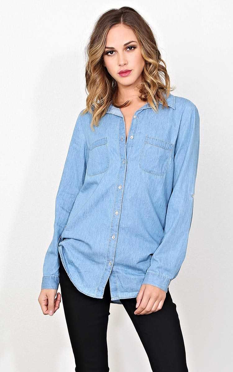 Brooke Woven Chambray Top - MED - Lt Wash in Size Medium by Styles For Less