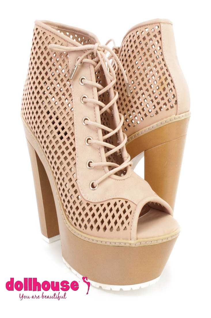 Blush Perforated Lace Up Chunky Heel Booties Faux Leather