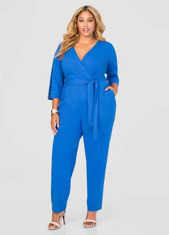 Lattice Sleeve Surplice Jumpsuit
