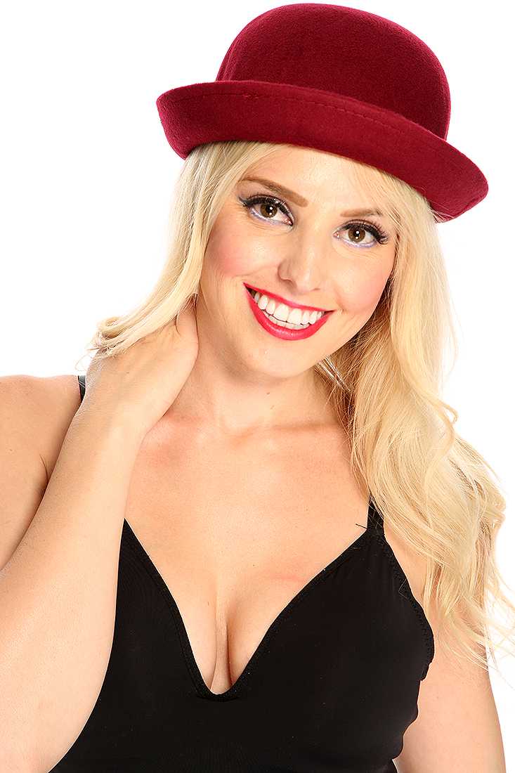 Burgundy Wool Cute Summer Bowler Hat