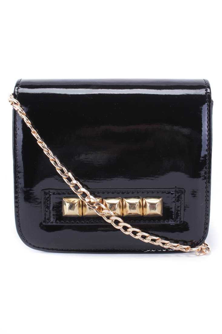 Black Patent Faux Leather Chain Strap Studded Handbag