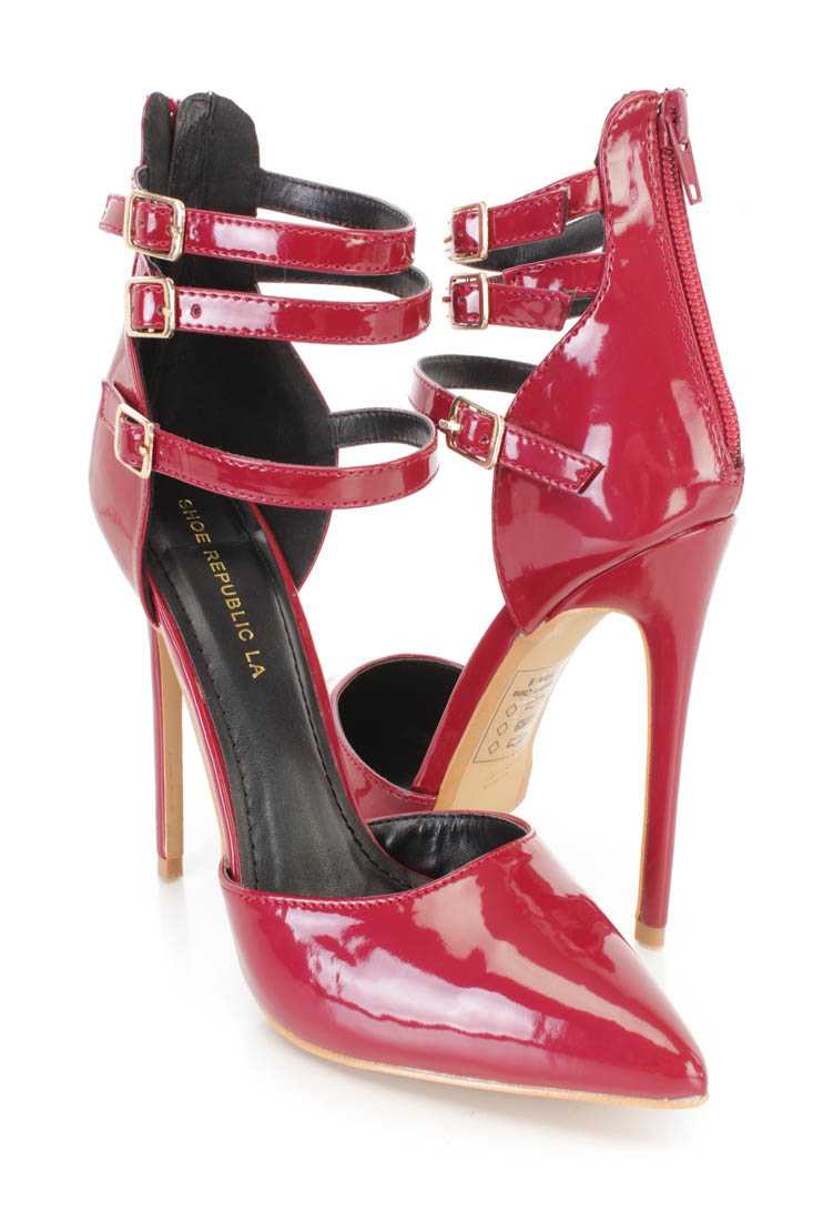 Wine Pointy Toe Strappy Single Sole Stiletto Heels Patent