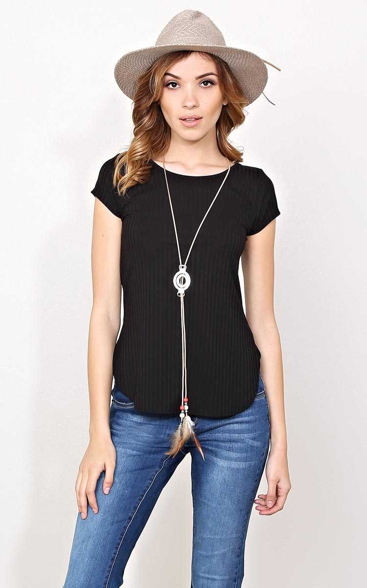 Santa Fe Rib Knit Necklace Top - - Black in Size by Styles For Less