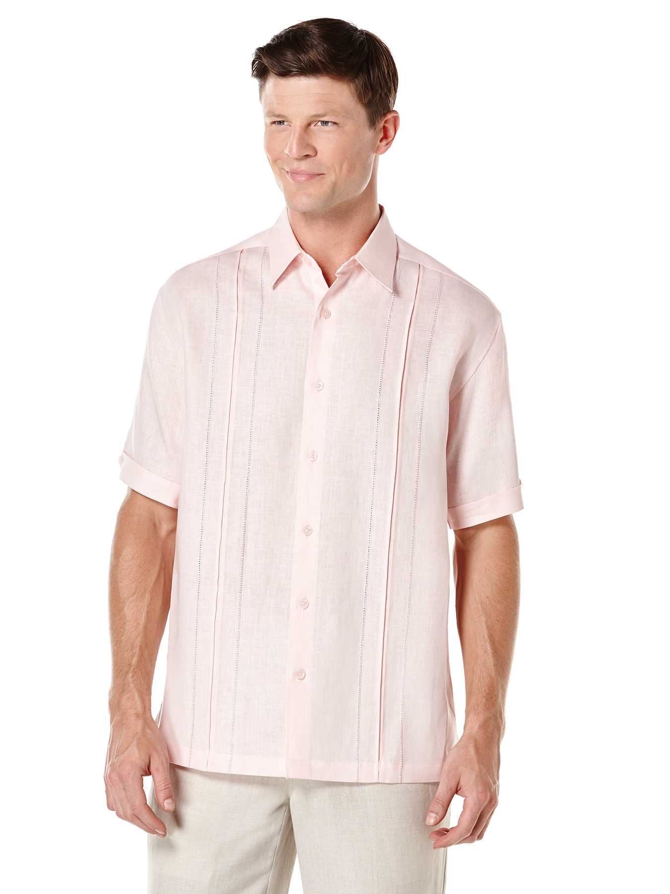 Cubavera 100% Linen Short Sleeve Box Pleat Tuck With Embroidery