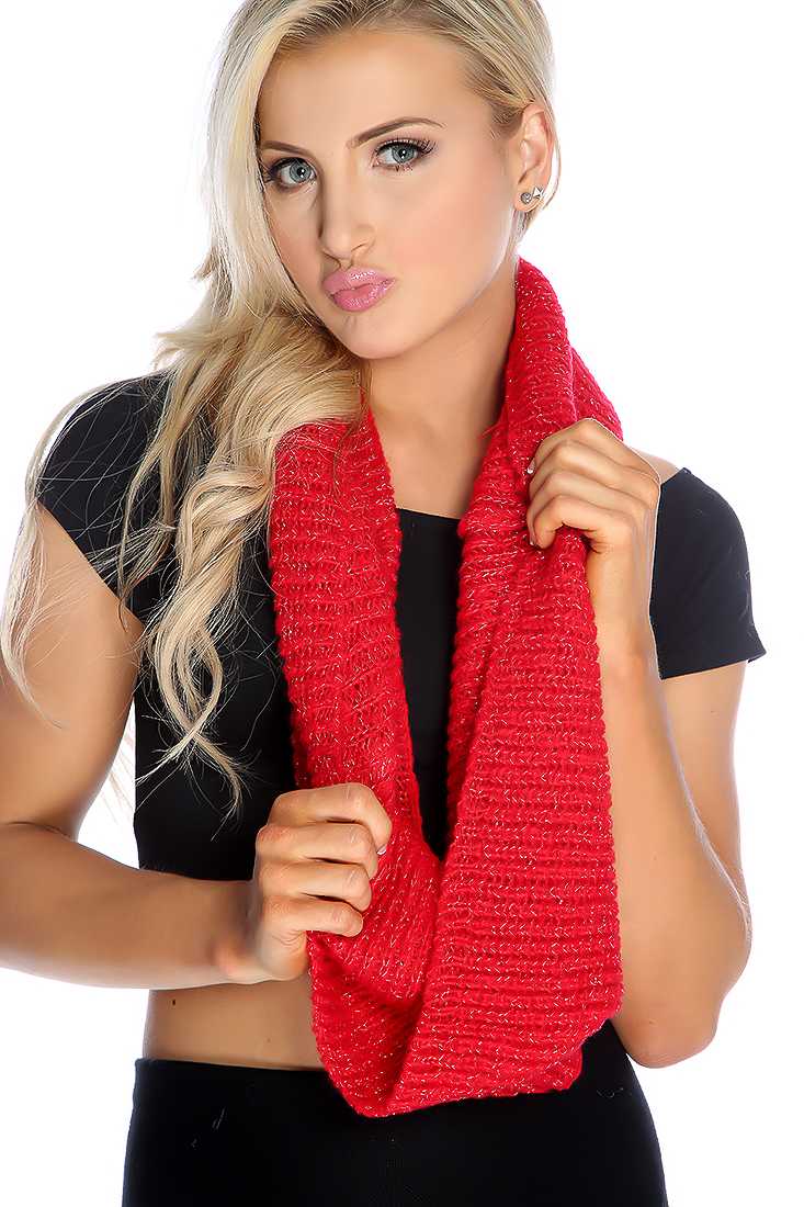 Red Shimmer Knit Infinity Scarf