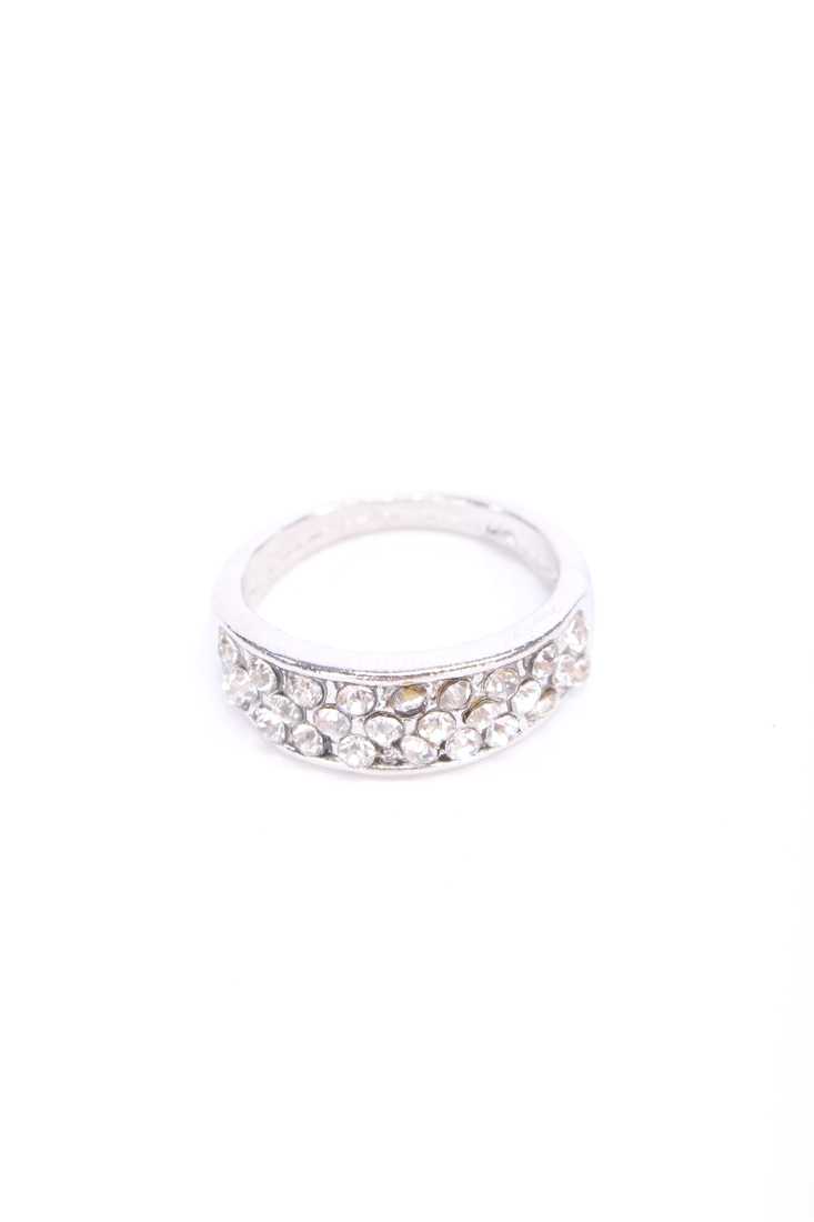 Silver High Polish Centered Rhinestone Design Thick Band Ring