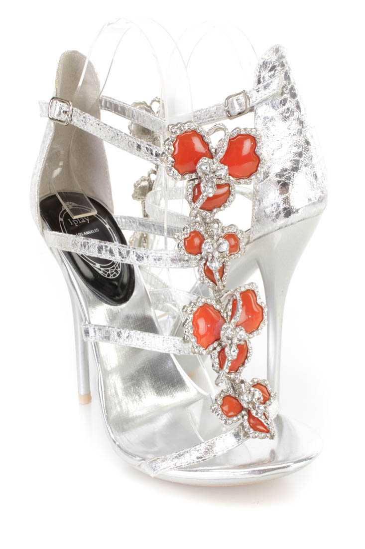 Silver Rhinestone Beaded Strappy Heels Faux Leather