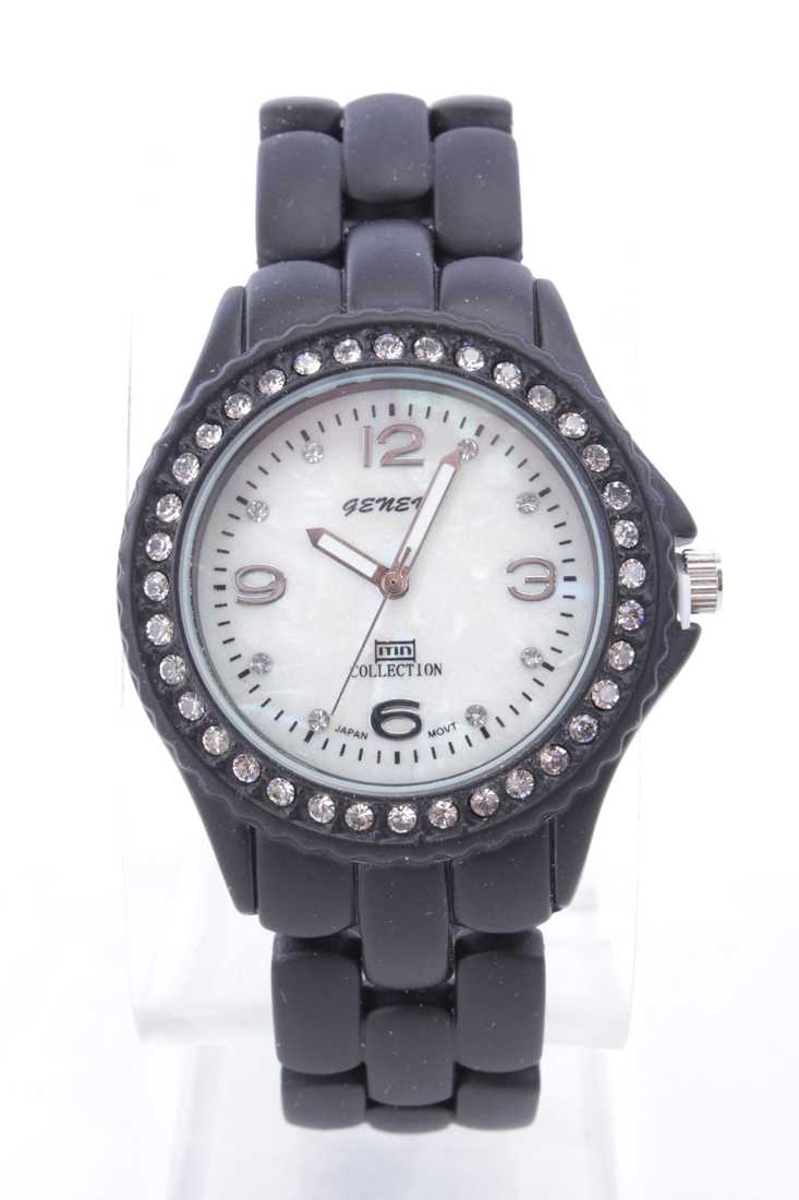 Black Rhinestone Round Face Metal Matte Finished Watch