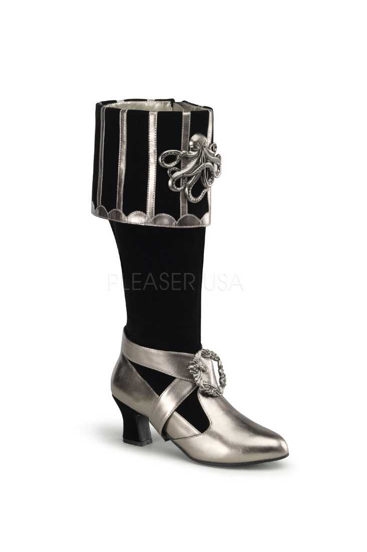 Black Pewter Knee High Cuffed Boots Velvet