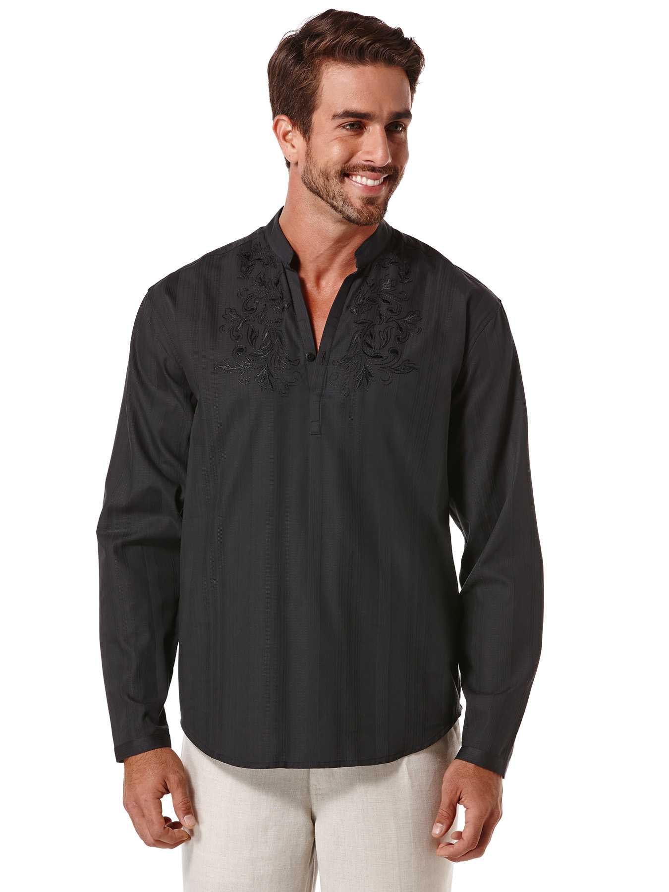 Cubavera Cotton Dobby Stripe Pullover with Embroidery