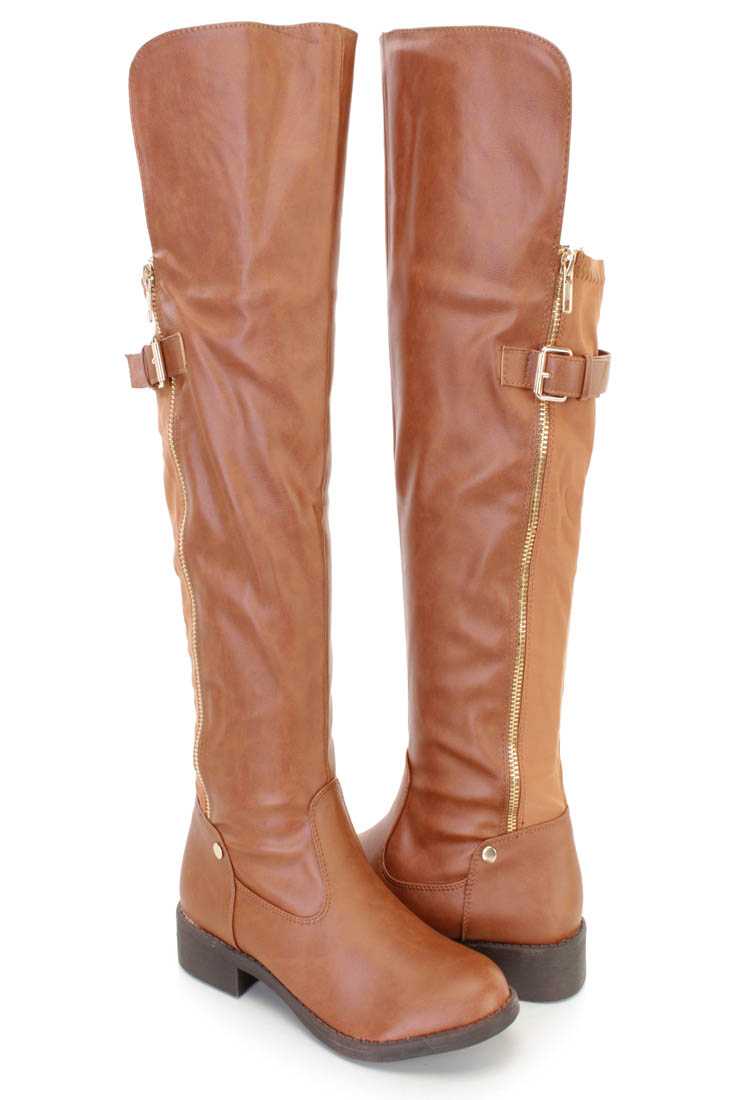 Tan Buckle Accents Thigh High Ridding Boots Faux Leather