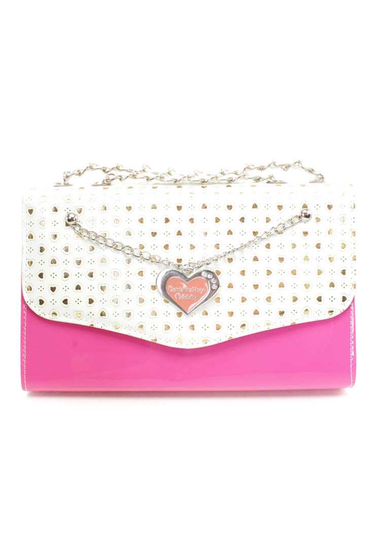 Fuchsia Metallic Heart Print Faux Leather Handbag