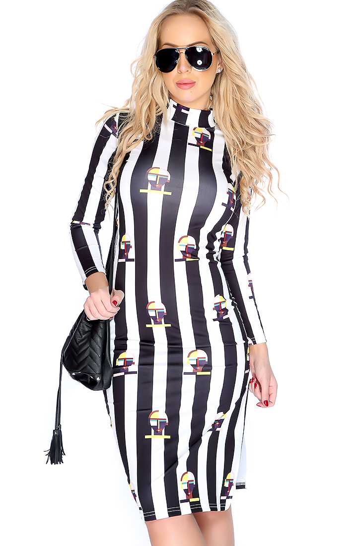 Sexy Black White Long Sleeve Mock Neck Stripe Bodycon Party Dress