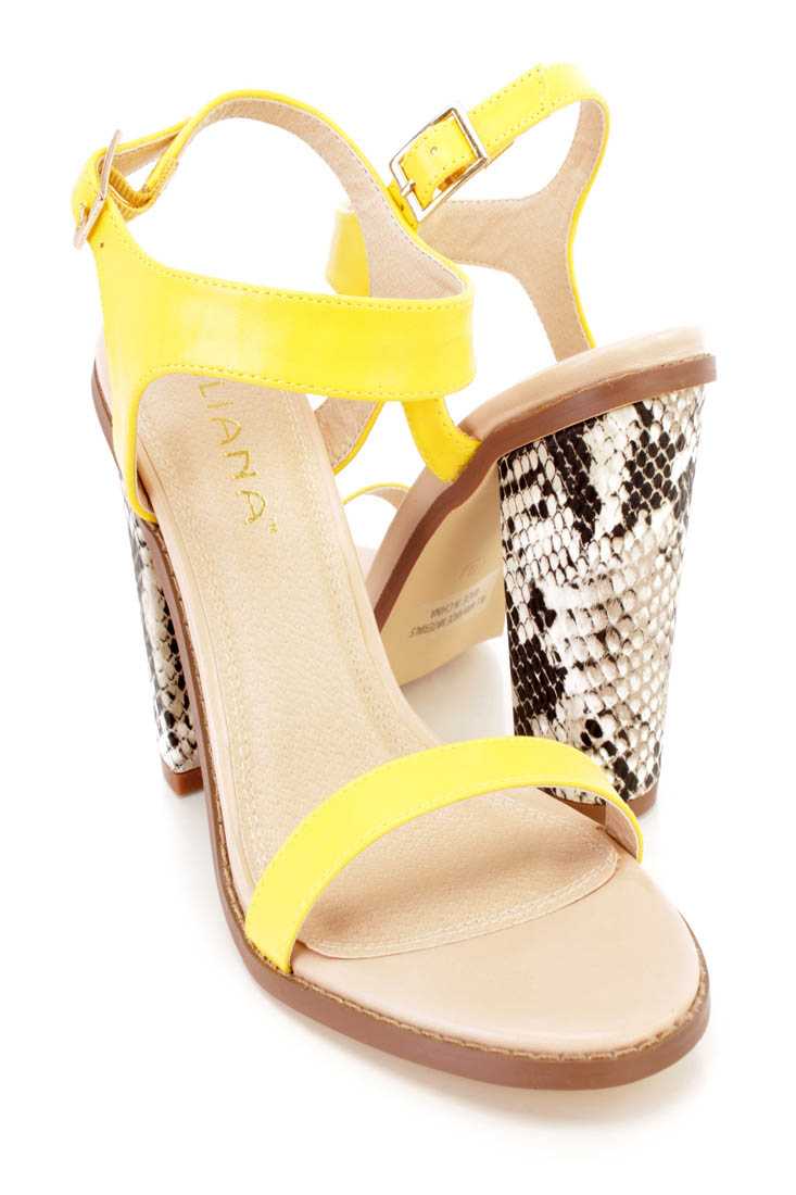 Yellow Single Sole Snake Skin Print Chunky Heels Faux Leather