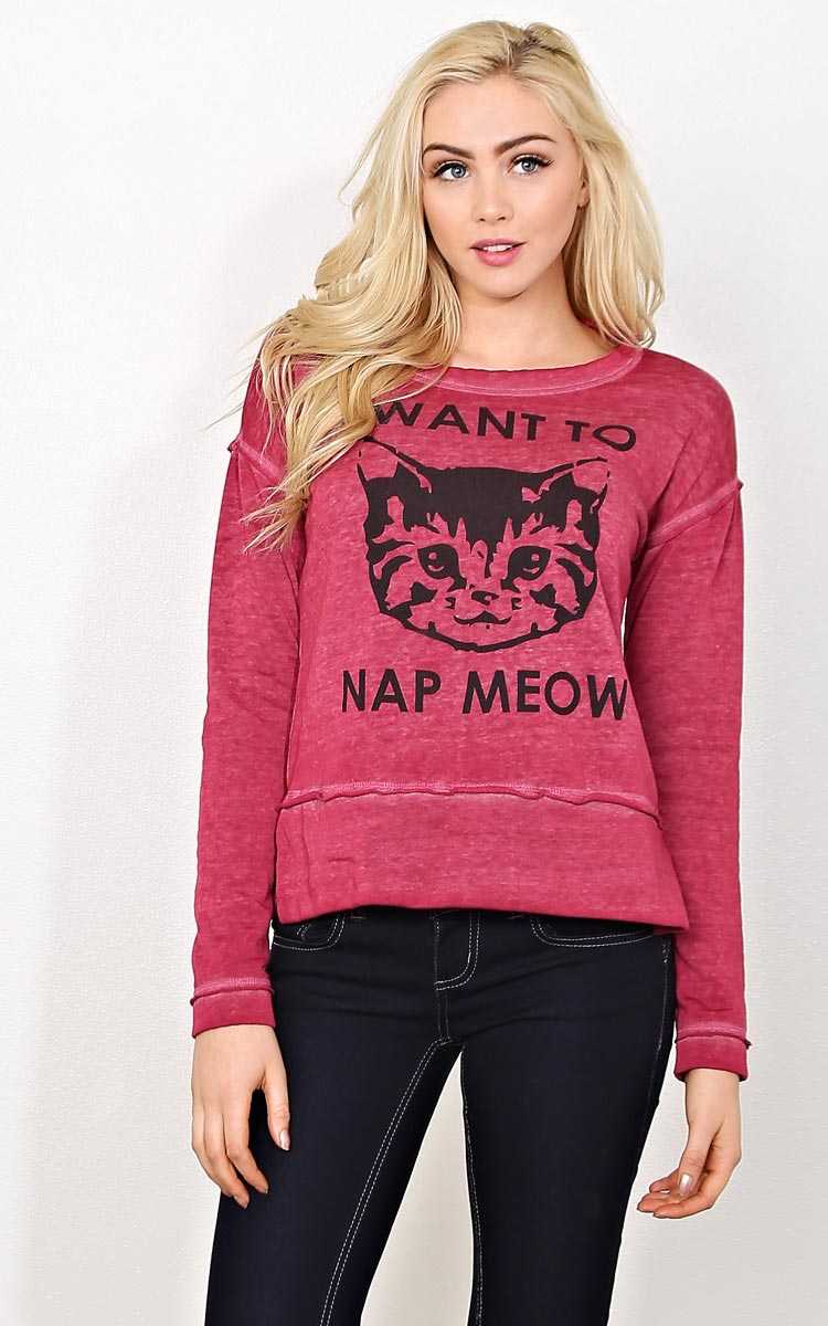 I WANT TO NAP MEOW - - Burgundy in Size by Styles For Less