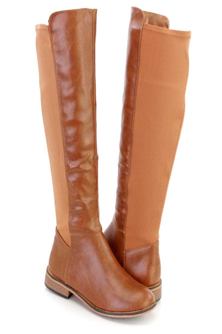 Camel Knee High Riding Boots Faux Leather Nylon