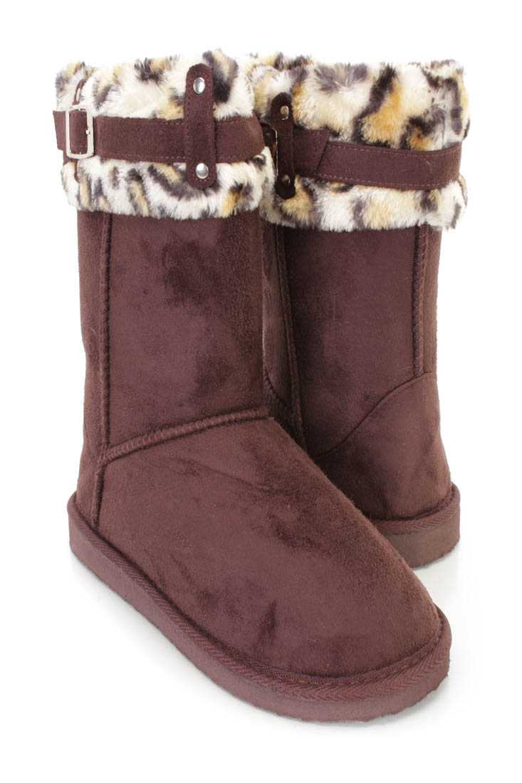 Brown Faux Fur Cuffed Casual Flat Boots Faux Suede
