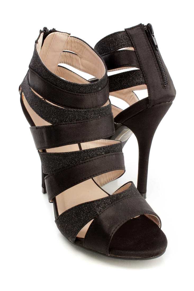 Black Glitter Strappy Ankle Booties Satin