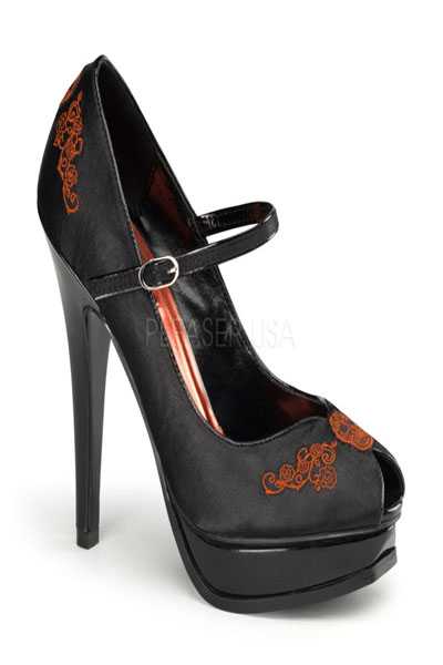 Black Red Satin Embroidery Mary Jane Pumps